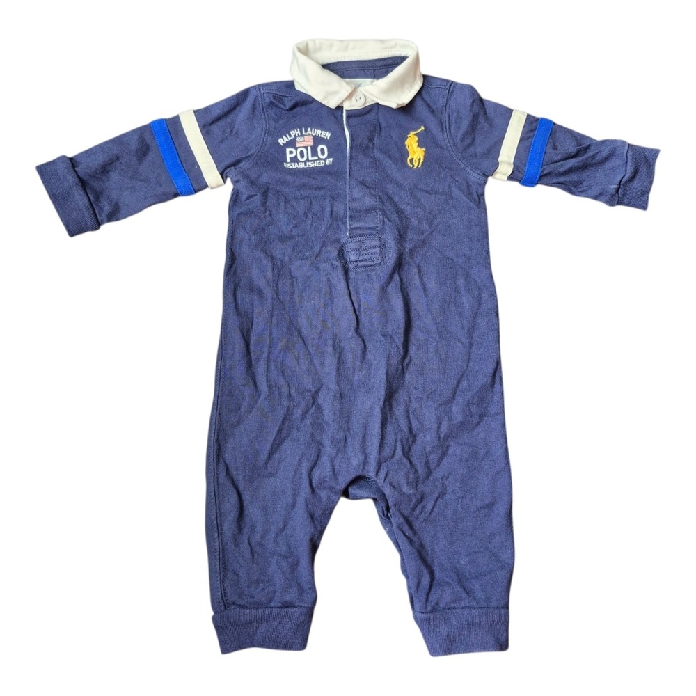 Ralph Lauren Polo Baby Boys 3M Rugby Romper Big Pony Blue Cotton One Piece